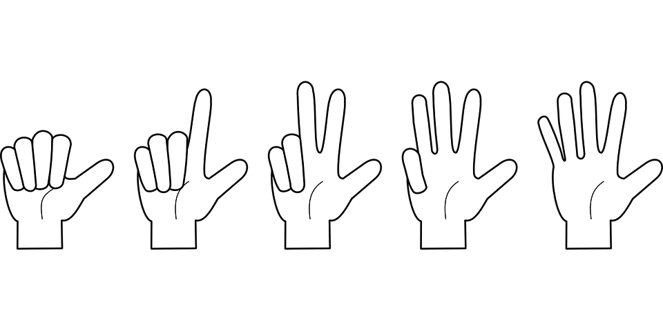 5 manos mostrando los dedos desde cero hasta 5